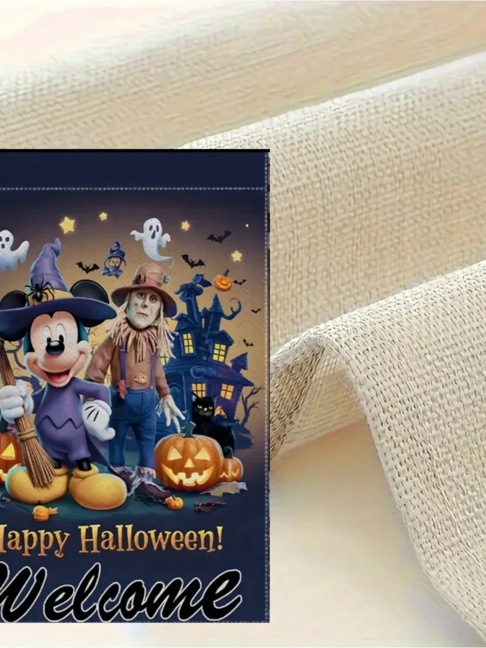 Halloween Mickey Mouse Garden Flag, approximately 12”x18”, burlap